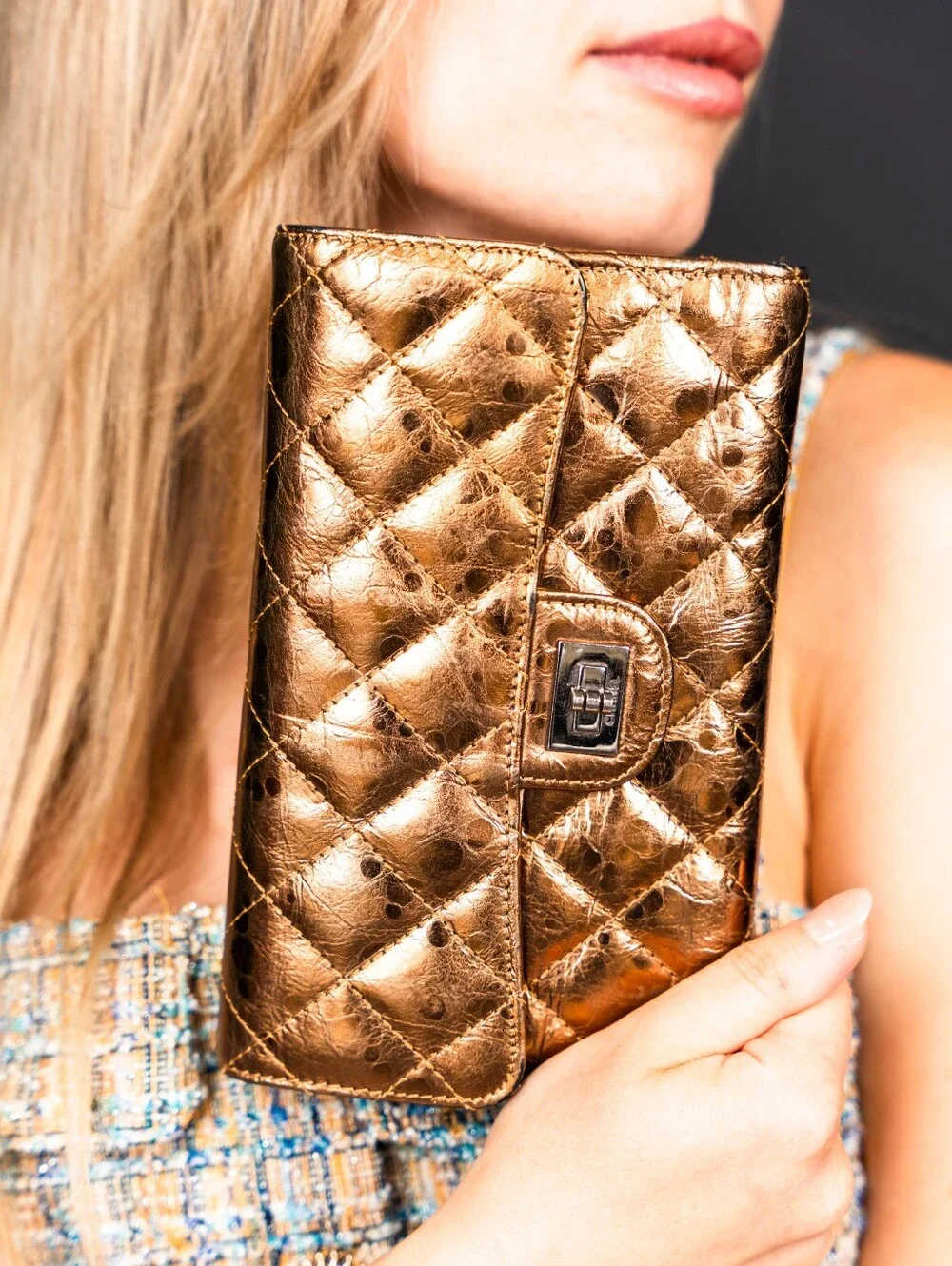 💛CHANEL Authentic mottled rose-gold quilted leather 2.55 reissue wallet💛